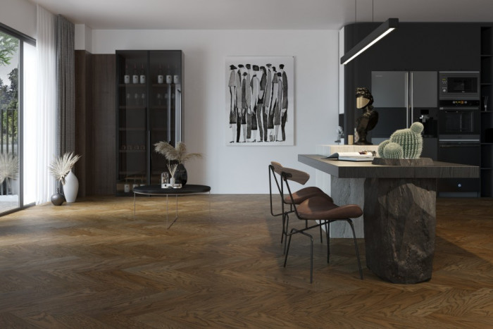 Кварцевый SPC паркет Quartz Parquet Дуб Брауни 33-413 браш Английская Ёлка